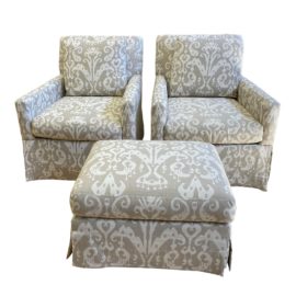 Gumps Miranda Ikat Swivel Chairs & Ottoman - 3 Pieces. Original Price: $4,050