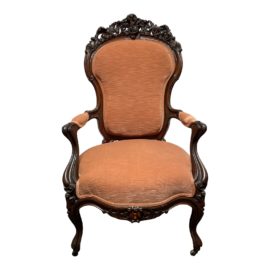 Early 20th Century Rococo Style Mahogony + Coral Silk Mohair Chair