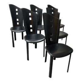 Arper Post Modern Black Leather Dining Chairs - Set of Six