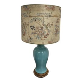 Late 20th Century Turquoise Ceramic Gourd + Chinoiserie Grasscloth Shade Table Lamp