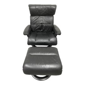Ekornes Black Leather Arm Chair + Ottoman