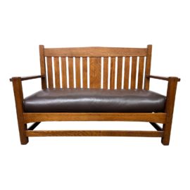 Arts & Craft Mission Style Quarter Sawn Oak + Leather Bench