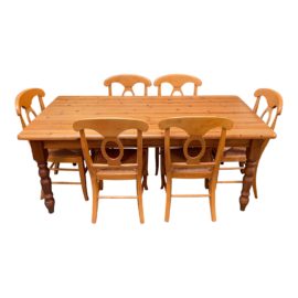 Pottery Barn Pine Dining Table + Six Napolean Chairs Set. Original Price: $2,000