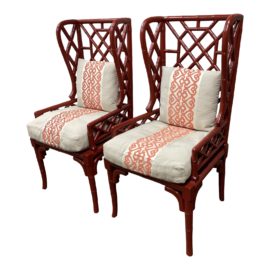 Guild Master Chinoiserie Terracotta Red Bamboo Wingback Chairs, Pair