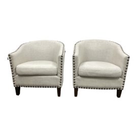 Contemporary Beige Linen Nailhead Trim Armchairs, a Pair
