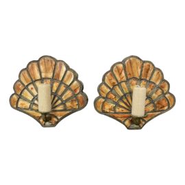 Vintage Moroccan Shell Shaped Tile + Metal Candle Wall Sconces, a Pair