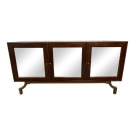 Contemporary Walnut Wood + Antiqued Mirror Three Mirrored Door Buffet