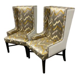 Custom Design Donghia "Hollywood" Embroidered Satin Chairs - a Pair. Original Price: $4,000