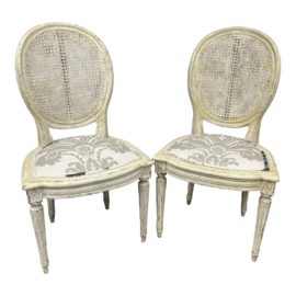 Kay Chesterfield Custom Ivory Cane + Damask Side Chairs - a Pair. Original Price: $3,744
