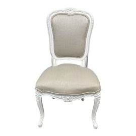 Kay Chesterfield Shabby Chic White Rococo + Grey Linen Side Chair. Original Price: $1,482