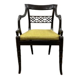 Mid 20th Century Neo-Classical Colonial Style Lacquer Wooden Arm Chair + Cushion