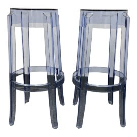 Philippe Starck for Kartell Charles Ghost Transparent Powder Blue Bar Stools, a Pair. Original Price: $1,380