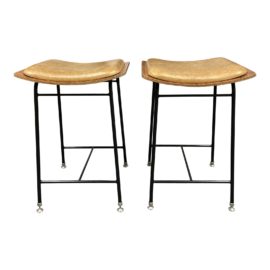 Vintage Molded Wood + Leather + Iron Scoop Counter Stools - a Pair