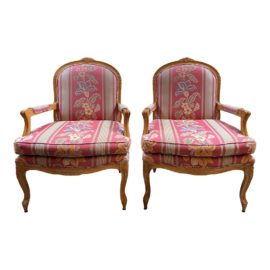 Traditional Red Bergere Chairs, a Pair