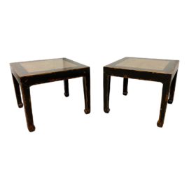 Asian Influenced Distressed Black Wood + Stone End Tables, a Pair