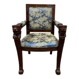 Louis XVI Ornate Lions Head Arm Chair + Blue + Gold Damask