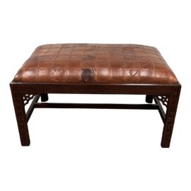 Rustic Style Leather Patchwork Carved Wood Ottoman