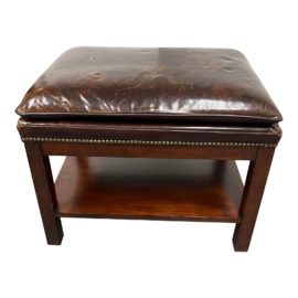 Rustic Style Leather Ottoman Wood + Nailhead + Lower Shelf