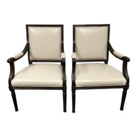 Custom Design Bergere Blue Velvet + Oyster Faux Leather Arm Chairs - a Pair
