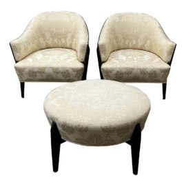 Custom Walnut + Damask Deco Club Chair + Ottoman - Set of Three