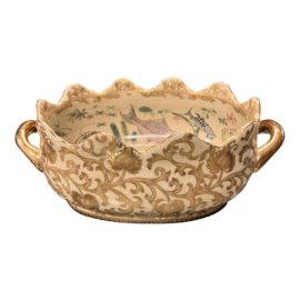 Ceramic Ivory + Gold Fish Bowl + Rosewood Stand