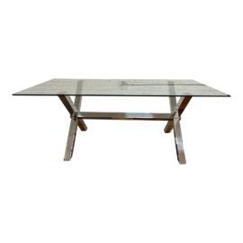 Z Gallerie Polished Chrome Trestle Base + Glass Top Dining Table