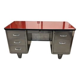 1950's Allsteel Double Bank Tanker Desk + Crimson Enamel Top