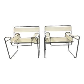 Marcel Breuer Wassily-Style White + Chrome Arm Chairs - a Pair