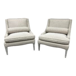 Mid 20th Century Modern Light Grey Silver Textured Silk Club Chairs, a Pair. Original Price: $3,236