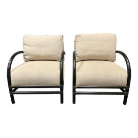 McGuire Furntiure Charcoal Rattan + Ivory Fabric Lounge Chairs - a Pair. Original Price: $9,000