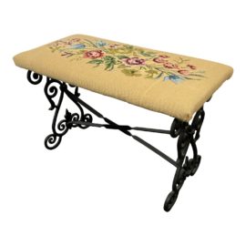 Vintage Needlepoint Seat + Iron Base Petite Bench