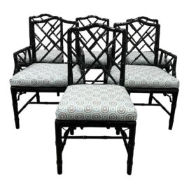 Jonathan Adler Black Lacquer Faux Bamboo Chinese Chippendale Chairs - Set of Six. Original Price: $6,000