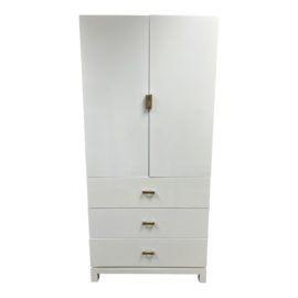 Custom Design Ivory Lacquered + Brass Armoire Cabinet