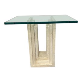 Italian Scarpa Style Sculptural Travertine + Glass Side Table. Original Price: $3,000