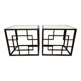 Contemporary Geometric Metal + Glass Side Tables, a Pair