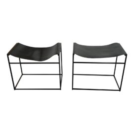 BluDot Black Leather Common Stools, a Pair. Original Price: $850