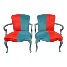 Custom Design Bicolor Microsuede Arm Chairs, a Pair