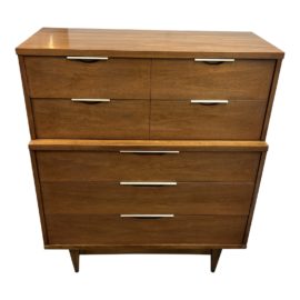 1960's Kent Coffey the Tableau Scandia Walnut + Brass Highboy Dresser