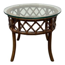 McGurie Style Rattan + Glass Round Side Table