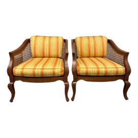 Late 20th Centuey Debu Furniture Cane + Curved Arm Chairs - a Pair