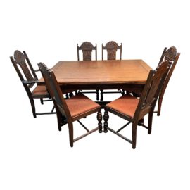 Antique Jacobean Style Extension Dining Table Set - Six Chairs