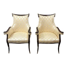 Early 20th Century Empire Style Gold Gilt Champagne Fabric Chairs - a Pair