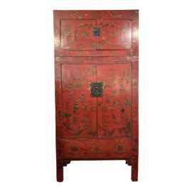 19th Century Chinese Red Lacquer Tea Piece Compound Cabinet