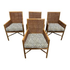 McGuire Furniture Square Back Caned McM421 Arm Chairs + Leopard Upholstery - Set of Four. Original Price: $7,192