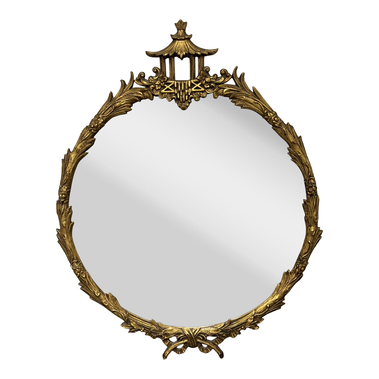 骨董　寺社装飾　対 Vintage Chinoiserie Gold Gilt Circular Mirror - Design Plus