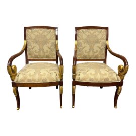 Burton Ching French Empire Style Mahogany Arm Chairs, a Pair. Original Price: $8,000