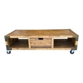 Contemporary Wood Coffee Table + Drawer + Casters
