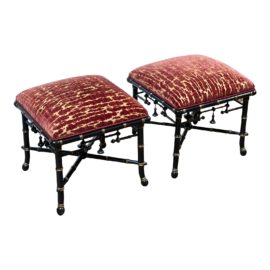 Baker Furniture McMillen Burnout Velvet Chinoiserie Stools, a Pair