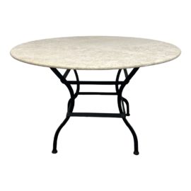 Crate & Barrel Round Travertine Top + Metal Dining Table. Original Price: $900