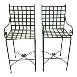 Outdoor Green Wrought Iron Bar Chairs, a Pair